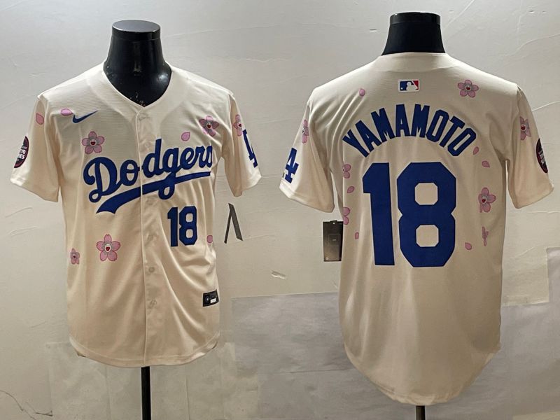 Men Los Angeles Dodgers 18 Yamamoto Cream Sakura Edition 2025 Nike MLB Jersey style 12